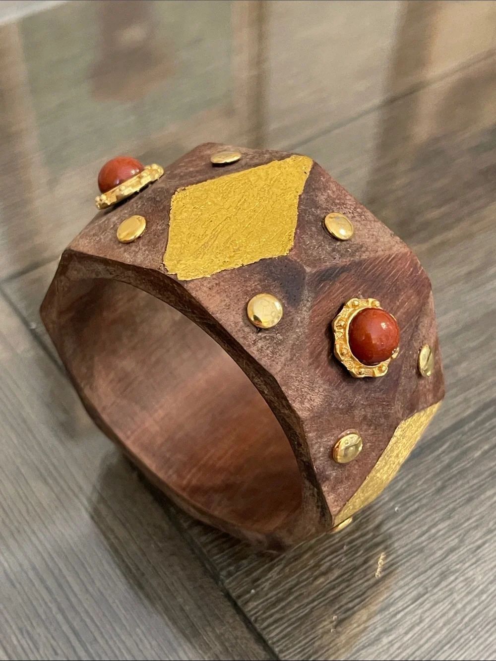 Vintage Style Bohemian Faceted Wooden Bangle with Studs